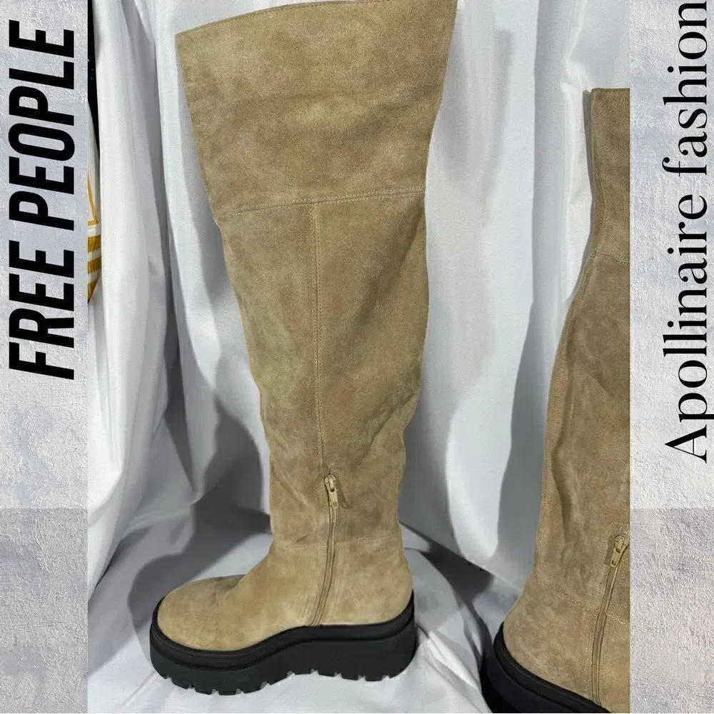 FREE PEOPLE LONDON CALLING SUEDE OVER THE KNEES BOOTS IN STONE SIZE 39